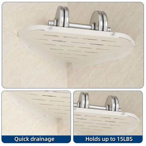 Qeke Corner Shower Shelf, 9" Corner Shower Caddy, SUS304 Stainless Steel Shower Organizer Wall Mount Corner Shelf with 2 Hooks for Bathroom, Dorm and Kitchen, Matte White (2 Pack)