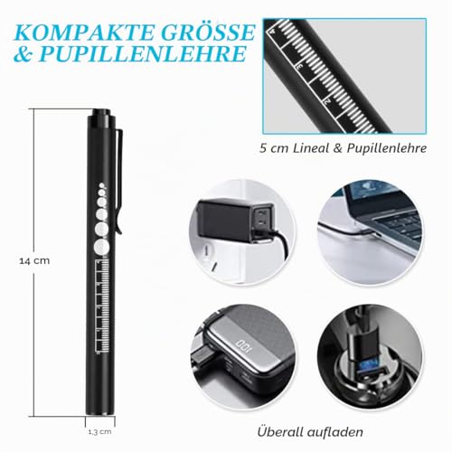 LEKIA Pupil Light Medicine, Diagnostic Light Nurse Emergency Service Accessories with Pupil Meter and Ruler, Rechargeable USB LED Pen Lamp for Nurses Students Doctors 1 Piece, Black