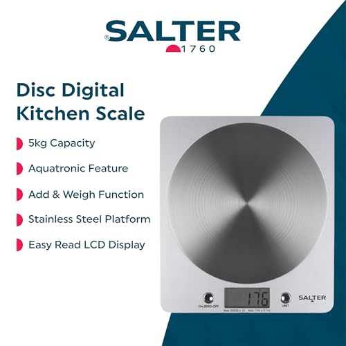 Salter 1036 SVSSDR Disc Digital Kitchen Scale – Electronic Food Scale, Add & Weigh Multiple Ingredients, 5kg Capacity, Aquatronic for Measuring Liquids, Easy Read LCD Display, Includes Battery Silver