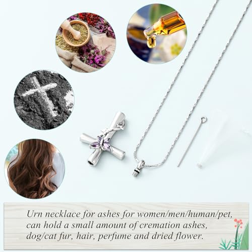 Imrsanl Cross with Butterfly Urn Necklaces for Ashes for Women Silver Purple