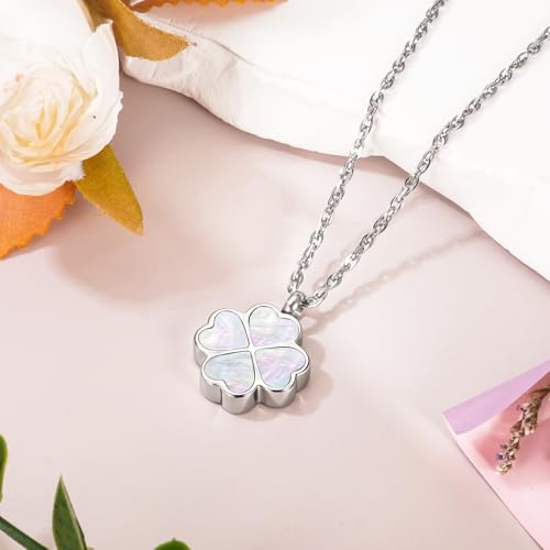 Dletay Four Leaf Clover Urn Necklace for Ashes 316L Stainless Steel Cremation Jewelry for Ashes Lucky Simple Memorial Pendant Necklace for Women Silver