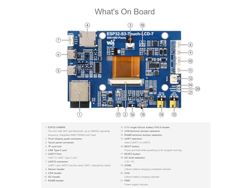 Waveshare ESP32-S3 7 Inch Capacitive Touch Display Development Board, ESP32 with 800 x 480 Resolution 65k RGB 7 Inch LCD Screen, 5-Point Touch, Supports WiFi and Bluetooth