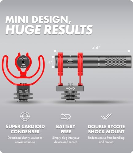 Movo X1-Mini Video Shotgun Mic for Camera - Supercardioid 3.5mm/USB-C Analog/Digital Camera Microphone for DSLR, iPhone and Android Smartphones, Computers - Compatible with Canon EOS, Nikon, Sony