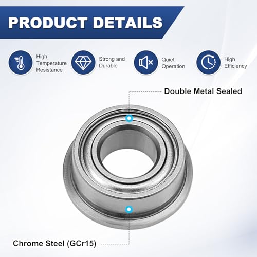 M METERXITY 20-Pack MF105ZZ Flanged Ball Bearing, 5 x 10 x 4mm Double Metal Shielded Chrome Steel (GCr15) Flange Rip Bearings for Wheelbarrow/Printer/Fax Machines/Power Tools 5mm x 10mm x 4mm