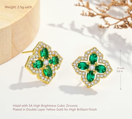 VONSSY Four Leaf Clover Necklace Earrings Shamrock Irish ST Patricks Jewelry Set Gift Green Emerald Zircon Crystal Stud 18k Gold Plated Chain Saint Pendant for Woman Wife Girlfriend ER-Gold