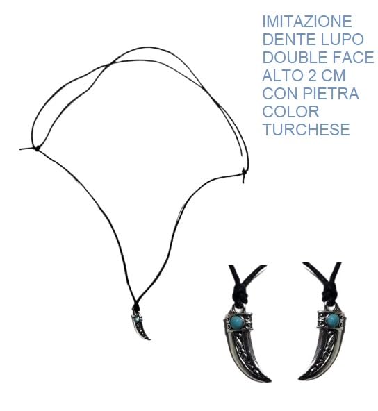 Adjustable Necklace 80-42 cm with Teeth with Stone Turquoise Imitation Wolf Teeth Lion Tiger Lion Leopard Jaguar Black Panther Felines 2 cm High Ethnic Tribal Made in Italy