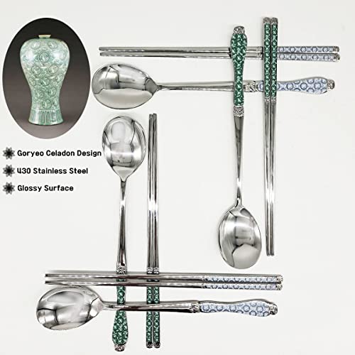 Goryeo Celadon Design Korean Table Sticky Rice Spoon and Chopsticks 430 Stainless Steel Glossy Surface Mukbang Cutlery (White, 5 Sets) White, 5 Sets