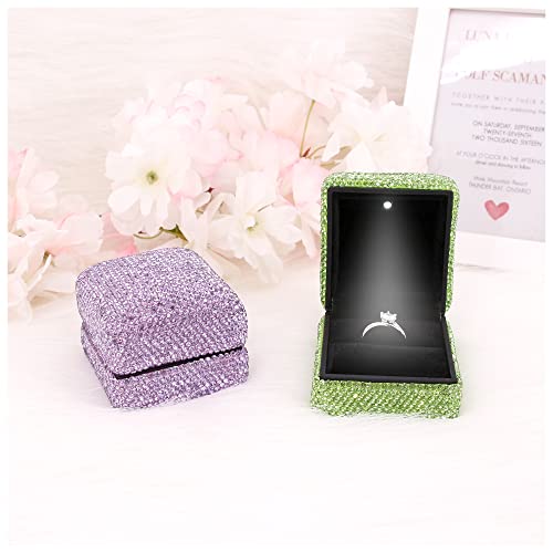 Naimo Luxury Rhinestone Engagement Ring Box Velvet Ring Case Display Organizer Storage LED Light Jewelry Gift Box for Proposal Wedding Anniversary Birthday Purple