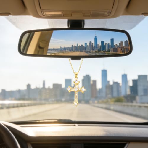 Bling Cross Car Mirror Hanging Ornament, Crystal Rhinestone Christian Rear View Mirror Hanger Charm, Diamond Religions Automotive Rearview Pendant, Universal for SUV Van Truck (Golden) Golden