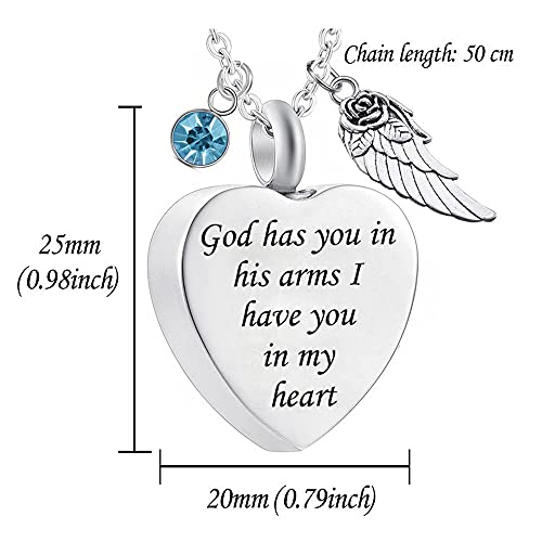 God has You in his arms with Angel Wing Charm Cremation Ashes Jewelry Keepsake Memorial Urn Necklace with Birthstone Crystal October