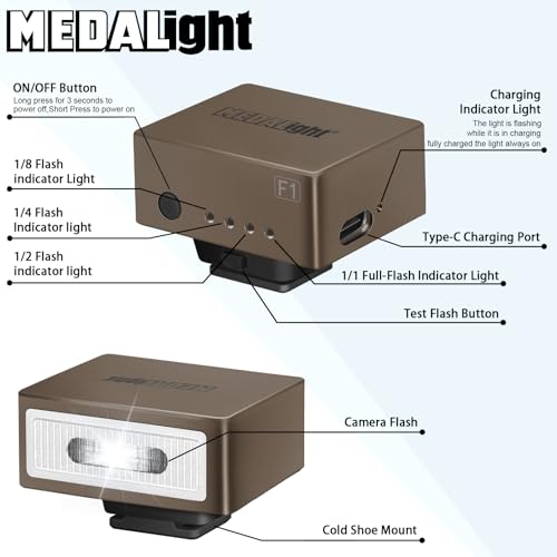 MEDALight F1 Mini Camera Flash Camera Flash Speedlite for Ricoh (GR3/GR3X,etc.) Fuji/Sony ZV1/Nikon/Canon,Digital Film Cameras,Portable Mini hot Shoe Flashlight for DSLR Cameras.(Brown Rosegold) Brown Gold