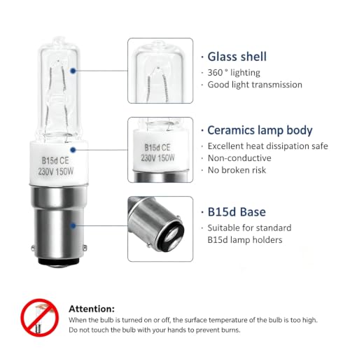 Caldarax Pack of 2 B15d Dimmable Light Bulbs, 150 Watt, Warm White 2700 K, AC 230 V, Clear Light Centre Ceram Base, B15d Halogen Lamp for Ceiling Lamp, Chandelier, Sewing Machine Lamp, Wall Lamp