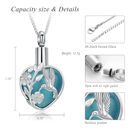 XSMZB Cremation Ashes Jewelry Hhummingbird Flower Urn Necklace for Ashes Human Pet Funeral Memorial Pendant Heart Moonstone Keepsake Silver