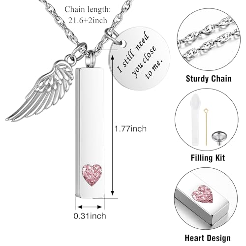 XIUDA Cremation Jewelry for Ashes with Angel Wing Charm Vertical Bar Urn Necklace Stainless Steel Memorial Keepsake Pendant for Women Silver