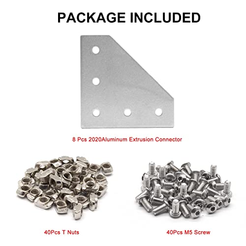 2020 Aluminum Extrusion Corner Bracket L-Shaped Connector Bracket 8PCS +40Pcs M5 Nuts+40Pcs M5x8mm Hex Socket Cap Screw for 2020 Aluminum Profile 3D Printer Connector Silver 20L