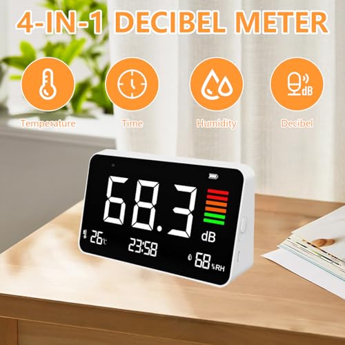 Decibel Meter, 4-in-1 Decibel Meter DB Meter Sound Level Meter with Temperature & Humidity, Noise Detector with LED Screen, for Home, Baby Room, Library