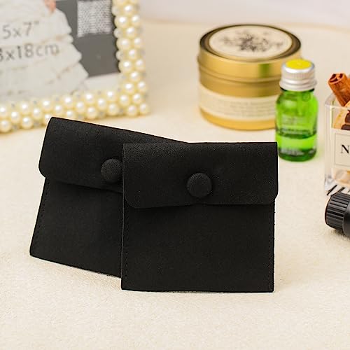 Bonuci Microfiber Jewelry Pouch 8x8cm, Jewelry Packaging Bag Luxury Small Gift Bags Package Snap Button with Divider Microfiber Bag for Bracelet Necklace Packaging Black 80