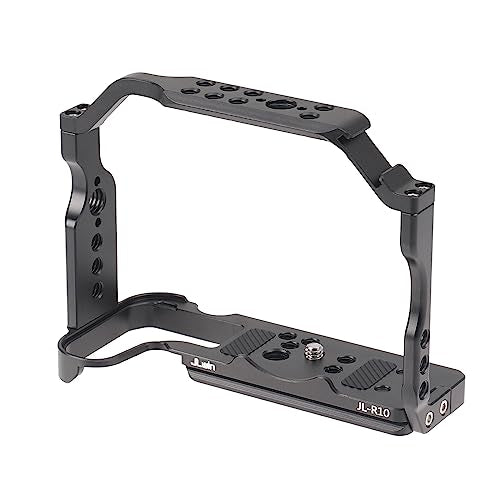 FocusFoto Camera Cage for Canon EOS R10 Mirrorless Camera, Aluminium Video Rig with NATO Rail, Cold Shoe, 1/4" Screw Mouting, 3/8"-16 Locating Pins for Arri Grip, Quick Release Plate for Arca Tripod