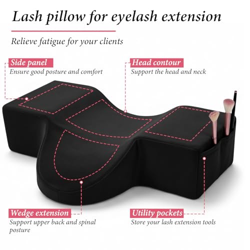Lash Pillow for Lash Extensions, Memory Foam Lash Pillows with Neck and Back Support, Ergonomic Lash Bed Pillow with Velvet Pillowcase and Lash Organizer Pockets for Beauty Salon(Black) Black