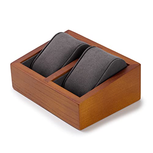 Oirlv solid wood double watch display stand, square jewelry tower in grey, showcasing two watches on a sleek, modern stand