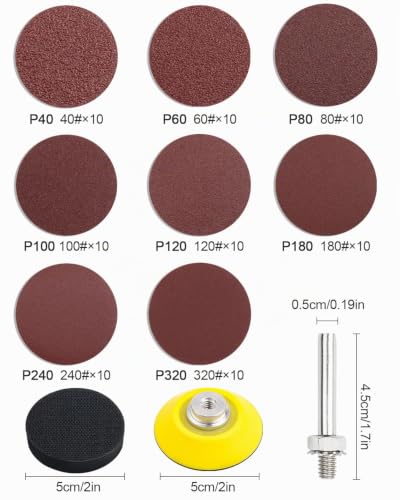 JatilEr Pack of 80 Sandpaper 50 mm , 2 Inch Round Sanding Pads Grit P40 P60 P80 P100 P120 P180 P240 P320 Random Orbital Sanders Sanding Discs Pad Kit Polishing Pad Adapter for Polished Car Metal Wood Pack of 80 P40-320 + polishing pad adapter