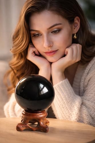 Mina Heal Natural Black Obsidian Crystal Ball with Stand, 80mm/3.1" 80 mm