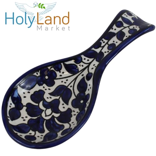Armenian hand painted cooking Spoon Rest/Ladle Holder - Large with deep Round Cup part - Asfour Outlet Trademark Blue Flowers 8.5 Inches