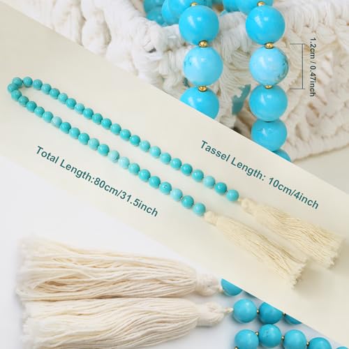 Gemstone Bead Garland with Tassel,31inch Farmhouse Rustic Country Table Decor Prayer Healing Beads Boho Wall Shelf Hanging Decoration (Turquoise Ball) Turquoise Ball