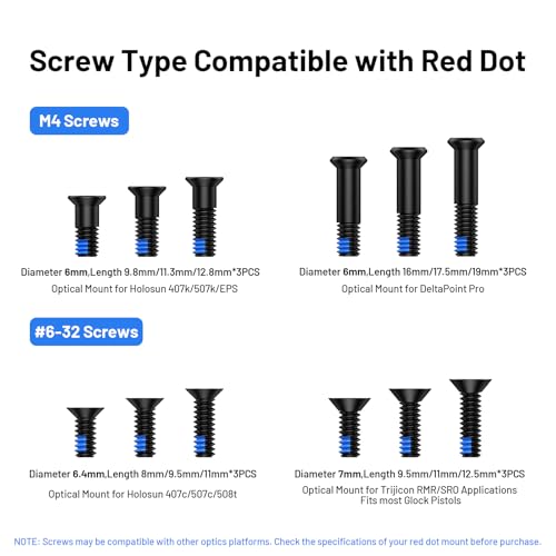 VSTRANICS red dot screw kit with M4 and #6-32 screws, blue thread locker, assorted fasteners