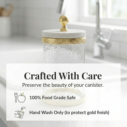 Godinger Glass Storage Canister with Marble Lid and Gold Band, 4x6, 4L