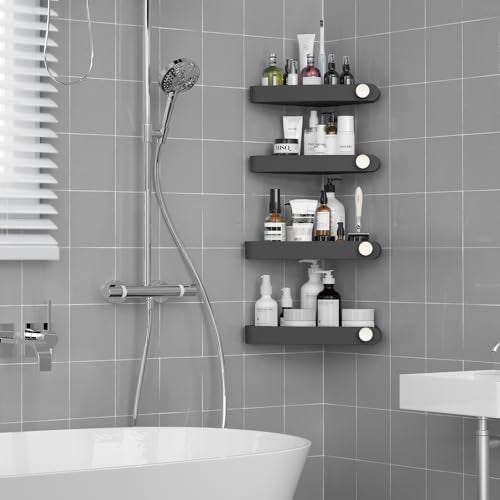 Set of four black Sotfamily plastic corner shower caddies designed for 90° showers, ideal for organizing bathroom essentials.