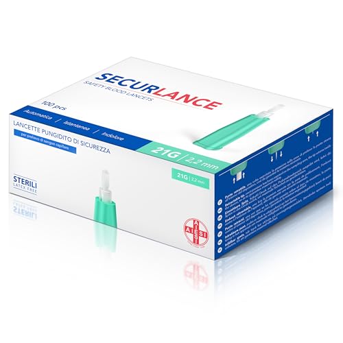 AIESI Sterile Disposable Lancets with Safety System and Retractable Stainless Steel Tip Needle 21G Securance (Pack of 100)
