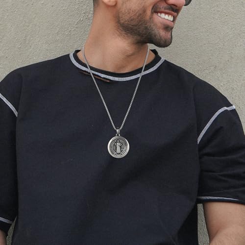 HZMAN Saint Benedict Medal Necklace for Men, Stainless Steel Vintage Matte Religious Pendant, 22"+2" Adjustable Chain Christian Faith Protection Jewelry for Men