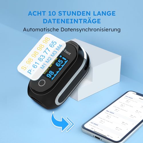 Vibeat Sleep Bluetooth Pulse Oximeter with Continuous Mode, Rechargeable Oxygen Saturation Meter for Fingers with 8 x 10 Hours Data Recording, Blood Oxygen Meter Finger with Auto Data Synchronous