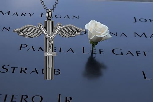 Cross Urn Necklace for Mom Dad Grandma Grandpa Brother Uncle Aunt Angel Wings Cremation Pendant Memorial Keepsake Jewelry