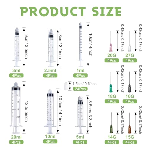 24pcs Small Syringes, Plastic Syringe Reusable Plastic Syringe | Multifunctional syringe set 1 ml, 2.5 ml, 3 ml, 5 ml, 10 ml, 20 ml for dispensing, animal feeding, industrial
