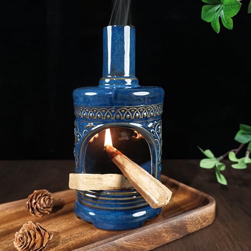 MOUGIGI Bird & Flower Ceramic Palo Santo Chiminea,Sage&Cone Incense Burner Flower and Bird Palo Santo Holder-blue