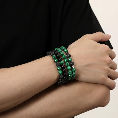 Mens Beaded Bracelets, 8MM Beaded Bracelets for Men, Natural Tiger Eye Bead Bracelet, Stretch Elastic Beads Bracelets for Men 4 volcanic malachite black