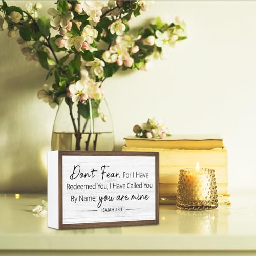 Don't Fear Isaiah 43:1 Bible Verse Wooden Box Sign Desk Decor,Rustic Scripture Wood Block Plaque Sign for Christian Farmhouse Home Office Shelf Tabletop Wall Decor
