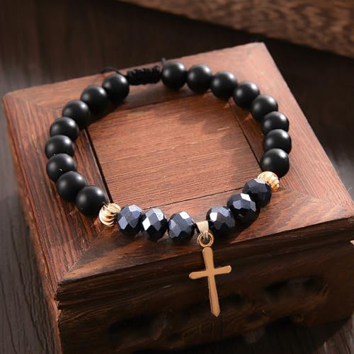 YANCHUN Cross Beaded Bracelet for Men Mens Cross Charm Bracelets Adjustable Jesus Faith Religious Easter Catholic Communion Baptism Christmas Jewelry Gift for Men A1