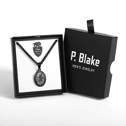P. BLAKE Oval Saint Christopher/Michael/Joseph/Jude/Virgin Mary/Joseph/Francis/Patrick/Anthony/Benedict/Thomas Necklace for Men Women, Stainless Steel Catholic Patron Pendant with Chain 24 Inches Black St.Christopher