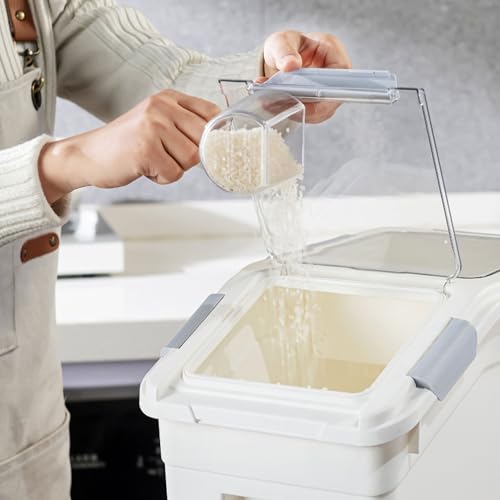 HANAMYA 10 Liter / 20 lbs Rice Storage Container with Measuring Cup, BPA free, For Rice | Grain | Pet Food | Flour, 2 count, White 20 lb, 2 Count