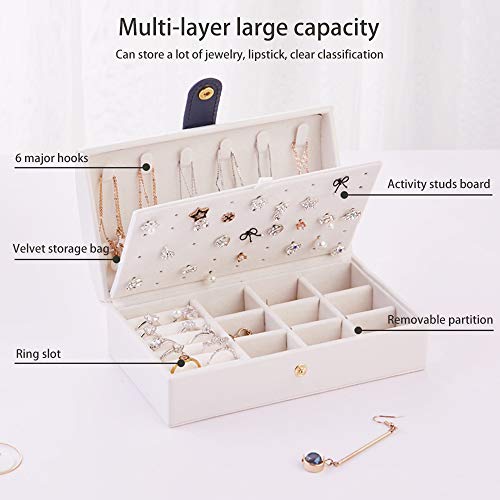 Fullgaden Jewelry Box,Necklace Ring Storage Organizer Double Layer Travel Synthetic Leather Jewel Cabinet Gift Case for Women, Blue