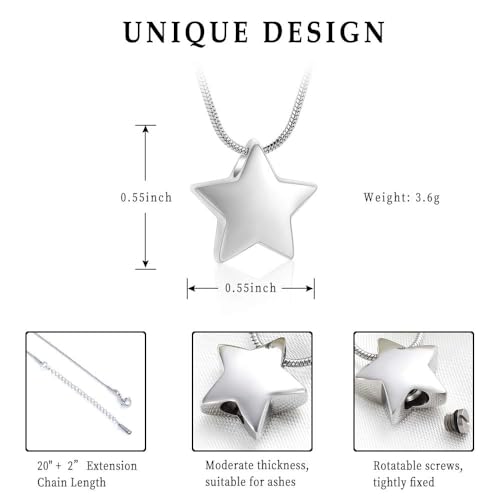 Imrsanl Cremation Jewelry for Ashes Moon Urn Necklace Stainless Steel Memorial Lockets Keepsakes Jewelry for Ashes Pendant - Fill kit Silver Star