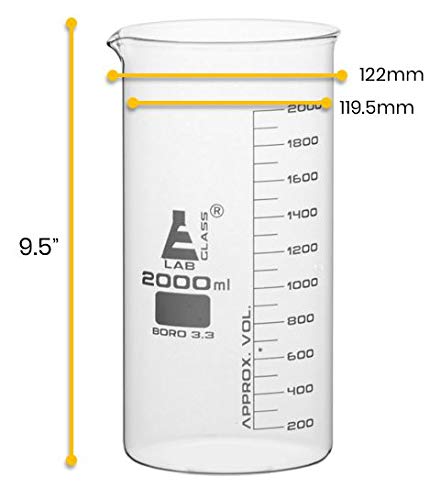 EISCO Beaker, 2000ml - Tall Form with Spout - White, 100ml Graduations - Borosilicate 3.3 Glass