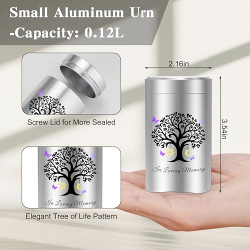 SOITIS Mini Urn for Human Ashes 3.54 Inch Small Urns for Human Ashes Keepsake Memorial Urn for Human Ashes Aluminum Keepsake Cremation Ashes Keepsake-Tree of Life with the Moon and Sun Silver-Tree