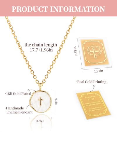 Unique 18K Cross Necklace with Real Gold Bible Verse Card,Inspirational Christian Baptism Christmas Gifts for Women Her Teens White