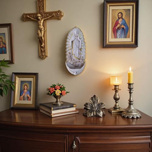 Catholic Wall Decor,Holy Water Font for Home, Handcrafted White Resin Wall-Mounted Holy Water Holder,Virgin Guadalupe Statue Fonts for Home Altar, Church, Gifts