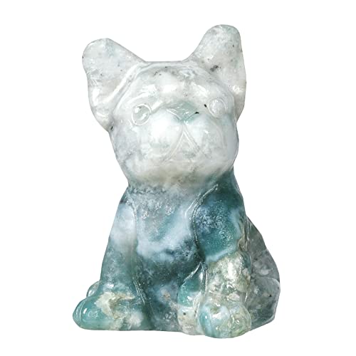 Nupuyai Pack of 2 Mini Rose Quartz Crystal Dog Statue Hand-Carved Pocket Stone Animal Sculpture Figurine Decor for Home Office Desktop, Moss Agate Multi-1