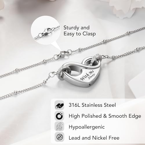 Dletay Infinity Cremation Urn Necklace for Ashes Heart Ash Necklace for Women Memorial Cremation Jewelry Ash Holder Silver